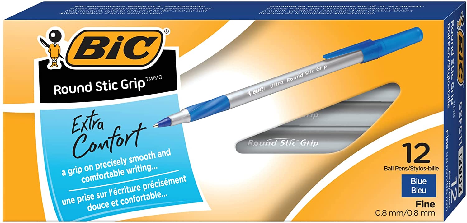 BIC Round Stic Extra Life Blue Ballpoint Pens, Medium Point (1.0mm), 12-Count Pack of Bulk Pens, Flexible Round Barrel for Writing Comfort, No. 1 Selling Ballpoint Pens